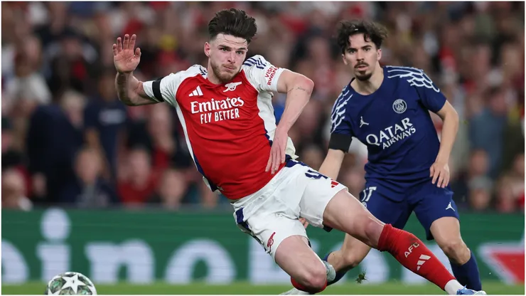 Declan Rice of Arsenal is fouled by Vitinha of Paris Saint-Germain