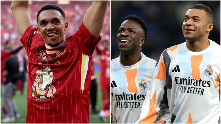 Trent Alexander-Arnold (left), Vinicius Junior and Kylian Mbappe (right)