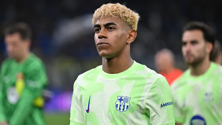Lamine Yamal of FC Barcelona looks on prior to the UEFA Champions League 2024/25 Semi Final Second Leg match between FC Internazionale Milano and FC Barcelona at Giuseppe Meazza Stadium on May 06, 2025 in Milan, Italy.