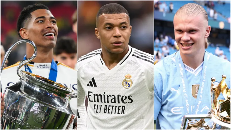Jude Bellingham (left). Kylian Mbappe (center), and Erling Haaland (right)