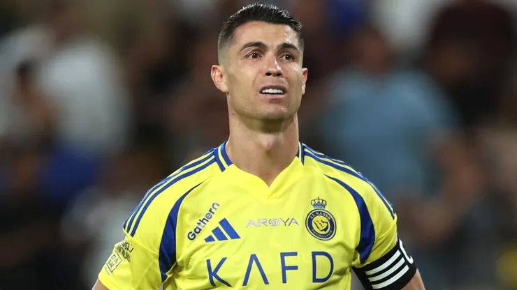 Cristiano Ronaldo of Al Nassr reacts after Karim Benzema of Al-Ittihad (not pictured) scores his team's first goal during the Saudi Pro League match between Al Nassr and Al Ittihad at Al-Awwal Park on May 07, 2025 in Riyadh, Saudi Arabia.