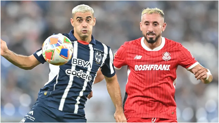 German Berterame of Monterrey fights for the ball with Hector Herrera of Toluca