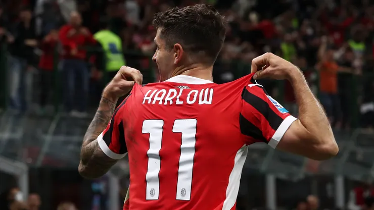 Christian Pulisic of AC Milan celebrates scoring his team's second goal, whilst wearing a shirt which reads "Harlow" which is his Mother's maiden surname, during the Serie A match between AC Milan and Bologna at Stadio Giuseppe Meazza on May 09, 2025 in Milan, Italy.