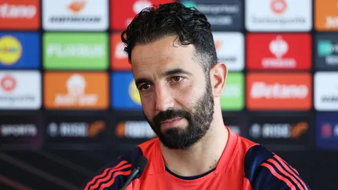 Ruben Amorim, Manager of Manchester United, looks on during a press conference ahead of the UEFA Europa League 2024/25 semi final second leg match between Manchester United and Athletic Club at Carrington Training Ground on May 07, 2025 in Manchester, England.