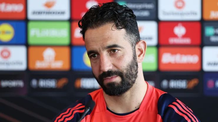 Ruben Amorim, Manager of Manchester United, looks on during a press conference ahead of the UEFA Europa League 2024/25 semi final second leg match between Manchester United and Athletic Club at Carrington Training Ground on May 07, 2025 in Manchester, England.