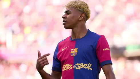 Lamine Yamal of FC Barcelona celebrates after scoring his team's second goal during the LaLiga match between FC Barcelona and Real Madrid CF at Estadi Olimpic Lluis Companys on May 11, 2025 in Barcelona, Spain.