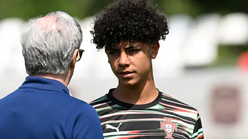 Cristiano Ronaldo Jr of Portugal speaks to a coach prior to the Men's U15 International match between Portugal and Japan as part of the Vlatko Markovic tournament at Stadium Sveti Martin na Muri on May 13, 2025 in Zagreb, Croatia.