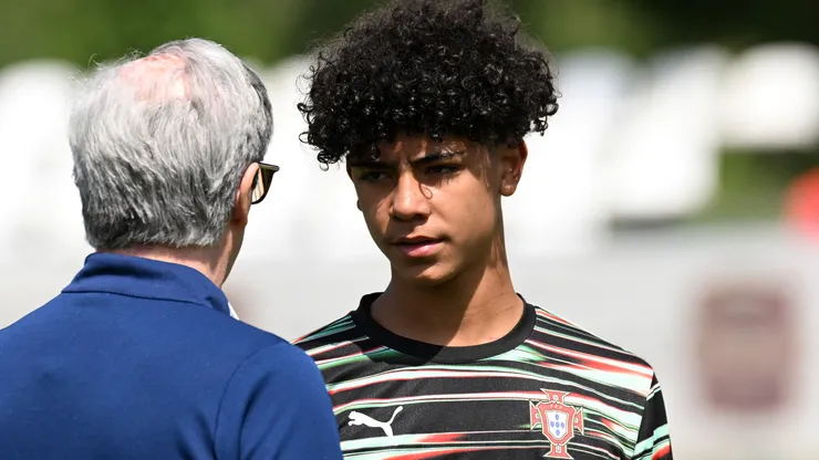 Cristiano Ronaldo Jr of Portugal speaks to a coach prior to the Men's U15 International match between Portugal and Japan as part of the Vlatko Markovic tournament at Stadium Sveti Martin na Muri on May 13, 2025 in Zagreb, Croatia.