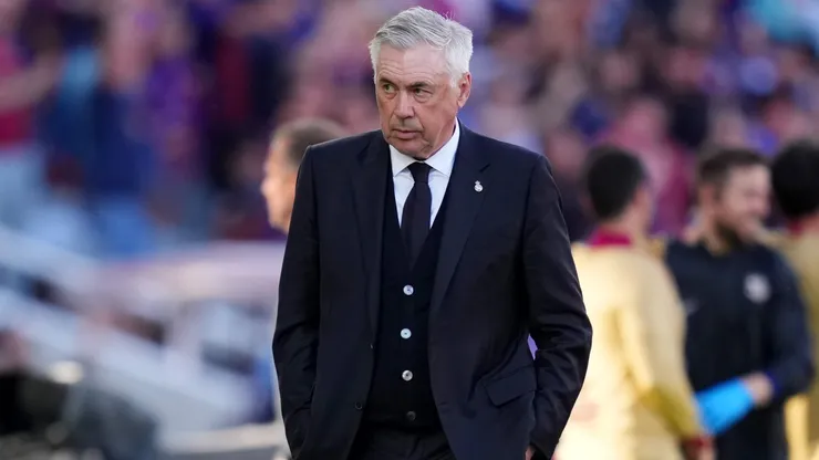 Carlo Ancelotti, Head Coach of Real Madrid, looks on during the LaLiga match between FC Barcelona and Real Madrid CF at Estadi Olimpic Lluis Companys on May 11, 2025 in Barcelona, Spain.