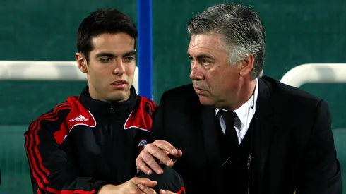 aka (L) of AC Milan speaks with Carlo Ancelotti (R), manager of AC Milan before the Dubai Football Challenge match between AC Milan and Hamburger SV at The Emirates Sevens Stadium on January 6, 2009 in Dubai, United Arab Emirates.