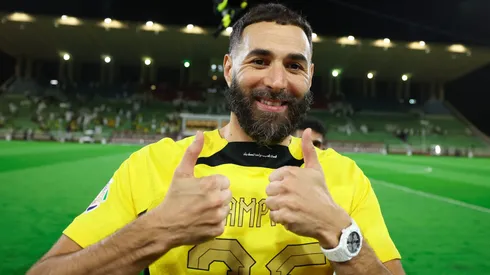 Karim Benzema of Al Ittihad celebrates the victory of the championship of the Saudi Pro League at the end of the match Al Raed and Al Ittihad at King Abduallah bin Abduaziz Sport City on May 15, 2025 in Buraydah, Saudi Arabia.