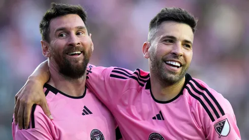 Lionel Messi #10 of Inter Miami CF celebrates with Jordi Alba #18 after scoring a goal during the second half against the Orlando City SC at Chase Stadium on March 02, 2024 in Fort Lauderdale, Florida.