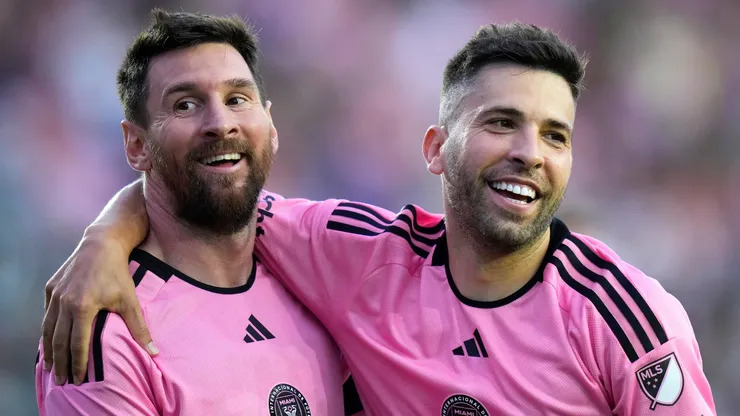 Lionel Messi #10 of Inter Miami CF celebrates with Jordi Alba #18 after scoring a goal during the second half against the Orlando City SC at Chase Stadium on March 02, 2024 in Fort Lauderdale, Florida.