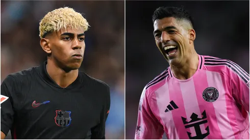 Lamine Yamal (L) of FC Barcelona and Luis Suárez (R) #9 of Inter Miami CF.