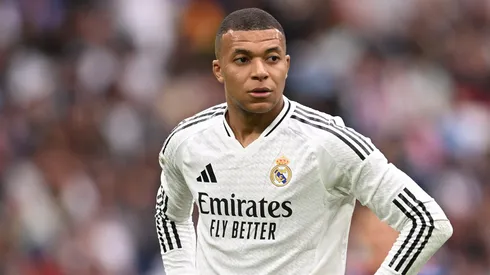 Kylian Mbappe of Real Madrid looks on during the LaLiga match between Real Madrid CF and RC Celta de Vigo at Estadio Santiago Bernabeu on May 04, 2025 in Madrid, Spain.