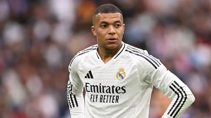 Kylian Mbappe of Real Madrid looks on during the LaLiga match between Real Madrid CF and RC Celta de Vigo at Estadio Santiago Bernabeu on May 04, 2025 in Madrid, Spain.