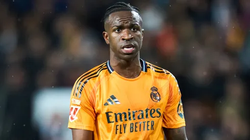 Vinicius Junior of Real Madrid reacts during the LaLiga match between Valencia CF and Real Madrid CF at Estadio Mestalla on January 03, 2025 in Valencia, Spain.