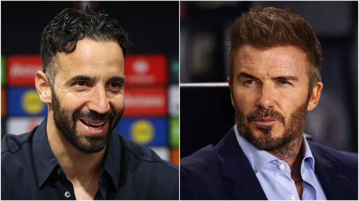Ruben Amorim (L), Manager of Manchester United, and David Beckham (R).