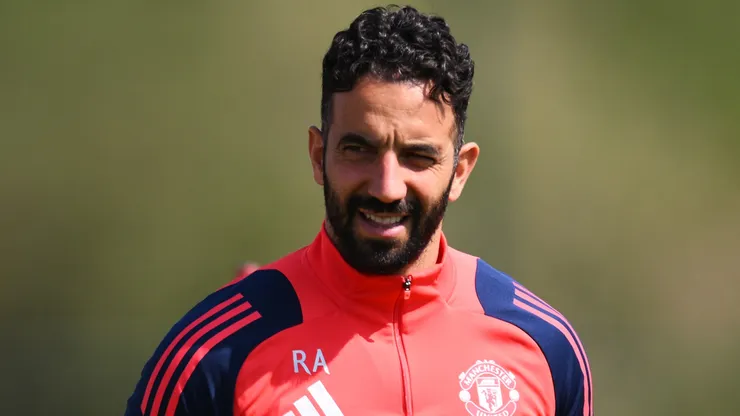 Ruben Amorim, Manager of Manchester United, looks on during a Manchester Untied training session ahead of the UEFA Europa League Final 2025 between Tottenham Hotspur and Manchester United at Carrington Training Ground on May 20, 2025 in Manchester, England.