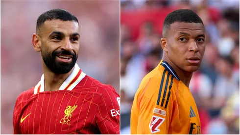 Mohamed Salah (L) of Liverpool and Kylian Mbappe (R) of Real Madrid, contenders of the 2024-25 Golden Boot.