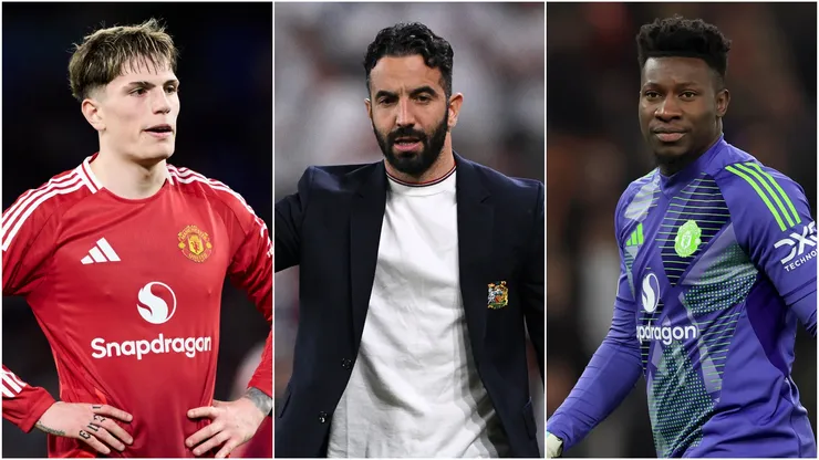 Alejandro Garnacho (L), Ruben Amorim (M), and Andre Onana (R) of Manchester United.