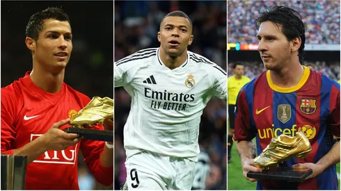 Cristiano Ronaldo (L) of Manchester United, Kylian Mbappe (M) of Real Madrid, and Lionel Messi (R) of FC Barcelona.
