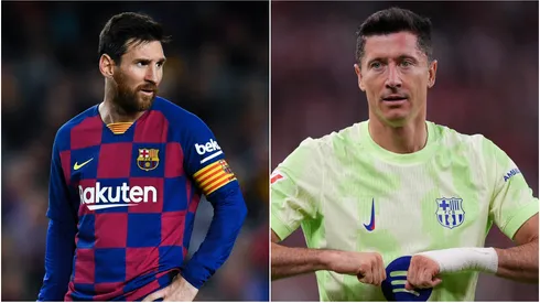 Lionel Messi (L) and Robert Lewandowski (R) of FC Barcelona.