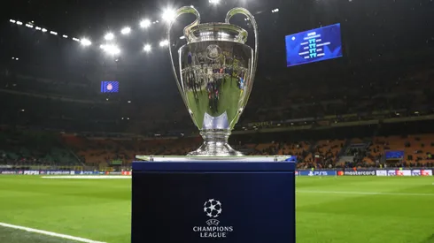 The UEFA Champions League trophy is displayed on a plinth at the side of the pitch prior to the UEFA Champions League 2024/25 UEFA Champions League 2024/25 Round of 16 Second Leg match between FC Internazionale Milano and Feyenoord at on March 11, 2025 in Milan, Italy.