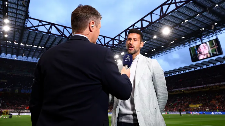 Tennis Player Novak Djokovic speaks to the media prior to the UEFA Champions League semi-final first leg match between AC Milan and FC Internazionale at San Siro on May 10, 2023 in Milan, Italy.