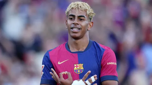 Lamine Yamal of FC Barcelona celebrates scoring his team's first goal during the La Liga EA Sports match between FC Barcelona and Villarreal CF at Estadi Olimpic Lluis Companys on May 18, 2025 in Barcelona, Spain.