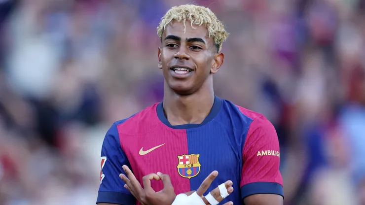 Lamine Yamal of FC Barcelona celebrates scoring his team's first goal during the La Liga EA Sports match between FC Barcelona and Villarreal CF at Estadi Olimpic Lluis Companys on May 18, 2025 in Barcelona, Spain.