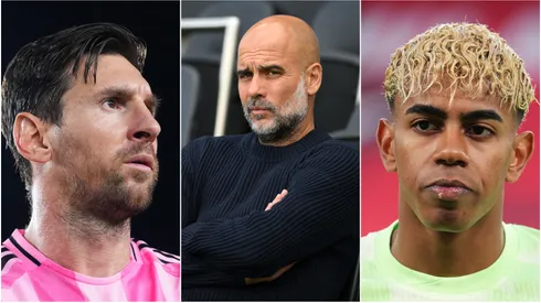 Lionel Messi (L) #10 of Inter Miami CF, Pep Guardiola (M) of Manchester City, and Lamine Yamal (R) of FC Barcelona.