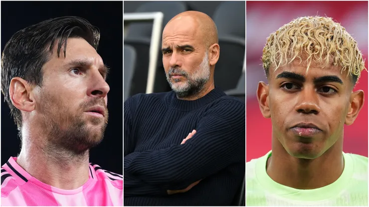 Lionel Messi (L) #10 of Inter Miami CF, Pep Guardiola (M) of Manchester City, and Lamine Yamal (R) of FC Barcelona.