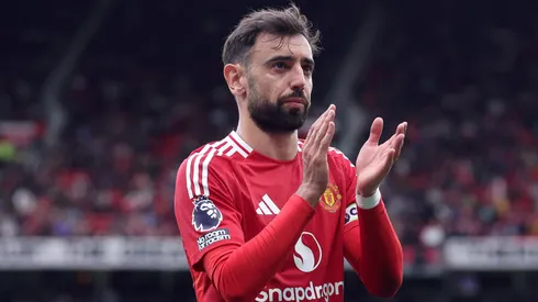 Bruno Fernandes of Manchester United applauds their support during the Premier League match between Manchester United FC and Aston Villa FC at Old Trafford on May 25, 2025 in Manchester, England.