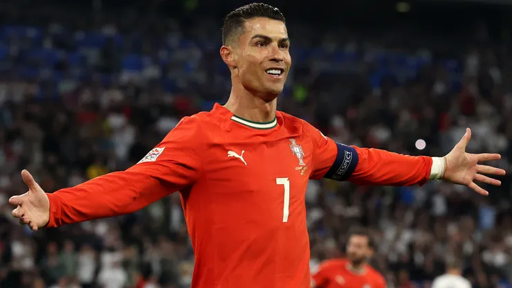 Cristiano Ronaldo of Portugal gestures after scoring his team's second goal during the UEFA Nations League 2025 semifinal match between Germany and Portugal at Munich Football Arena on June 04, 2025 in Munich, Germany.