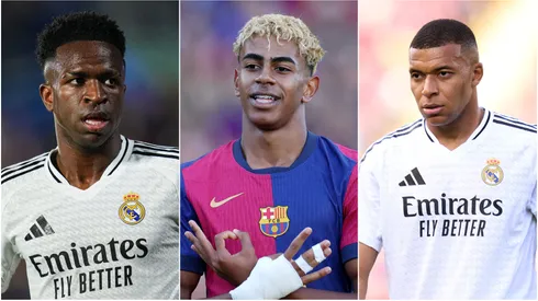 Vinicius Junior (L) of Real Madrid, Lamine Yamal (M) of FC Barcelona, and Kylian Mbappe (R) of Real Madrid.