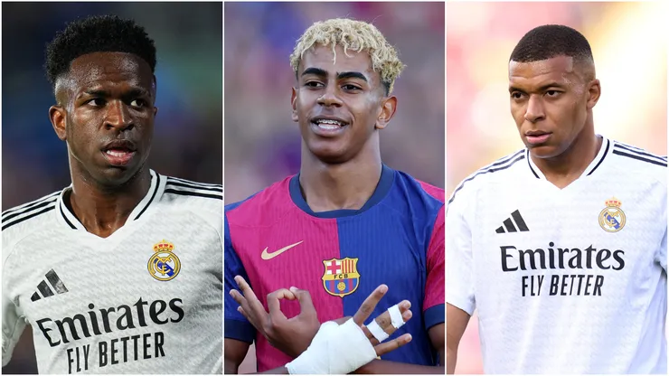 Vinicius Junior (L) of Real Madrid, Lamine Yamal (M) of FC Barcelona, and Kylian Mbappe (R) of Real Madrid.