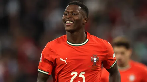 Nuno Mendes of Portugal celebrates scoring his team's first goal during the UEFA Nations League 2025 final match between Portugal and Spain at Munich Football Arena on June 08, 2025 in Munich, Germany.