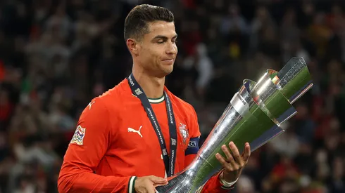 Cristiano Ronaldo of Portugal holds the UEFA Nations League trophy after his team's victory in during the UEFA Nations League 2025 final match between Portugal and Spain at Munich Football Arena on June 08, 2025 in Munich, Germany.