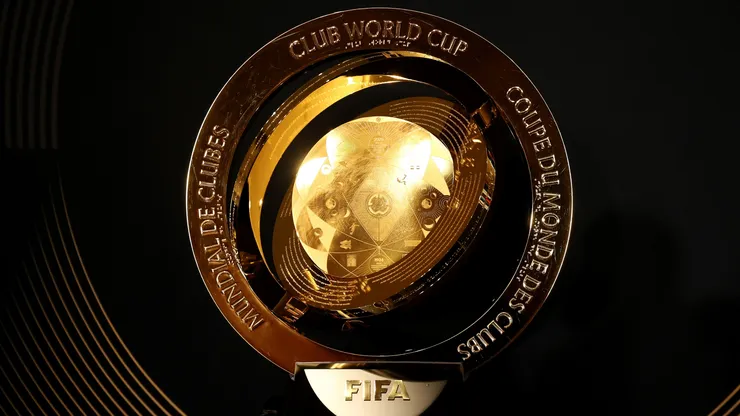 A detailed view of the 2025 FIFA Club World Cup Trophy at BMO Stadium on May 30, 2025.