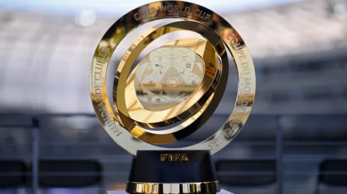 A detailed view of the FIFA Club World Cup trophy.