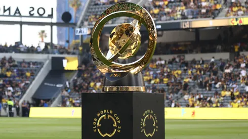 The trophy is displayed prior to the FIFA Club World Cup 2025 Play-In match between Los Angeles Football Club and Club America at BMO Stadium on May 31, 2025.