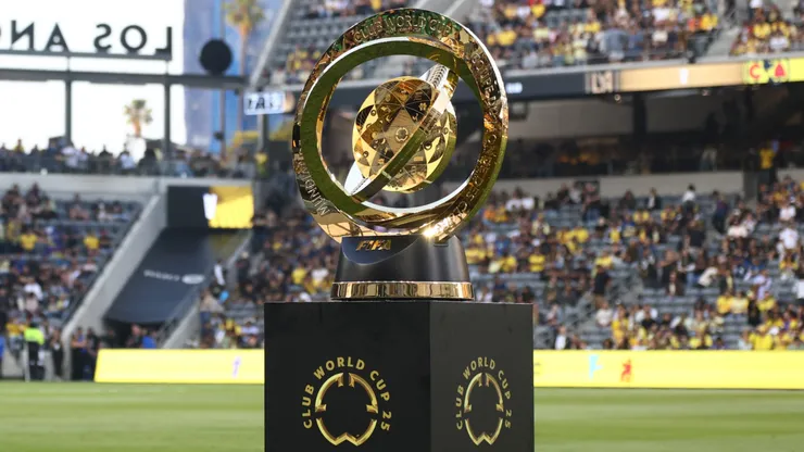 The trophy is displayed prior to the FIFA Club World Cup 2025 Play-In match between Los Angeles Football Club and Club America at BMO Stadium on May 31, 2025.