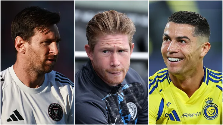 Lionel Messi (left), Kevin De Bruyne (center), and Cristiano Ronaldo (right)