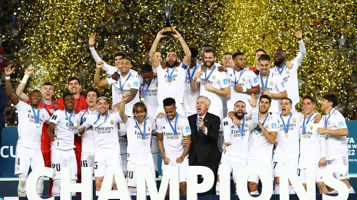 Karim Benzema of Real Madrid lifts the FIFA Club World Cup Morocco 2022 Trophy following their sides victory in the FIFA Club World Cup Morocco 2022 Final. (Source: Michael Steele/Getty Images)