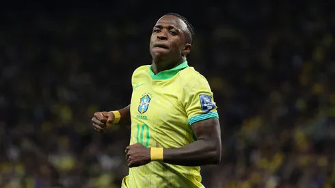 Vinicius Junior celebrates his goal against Paraguay.