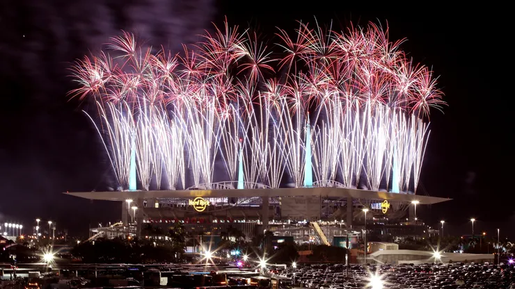 Fireworks erupt at Hard Rock Stadium on February 02, 2020.