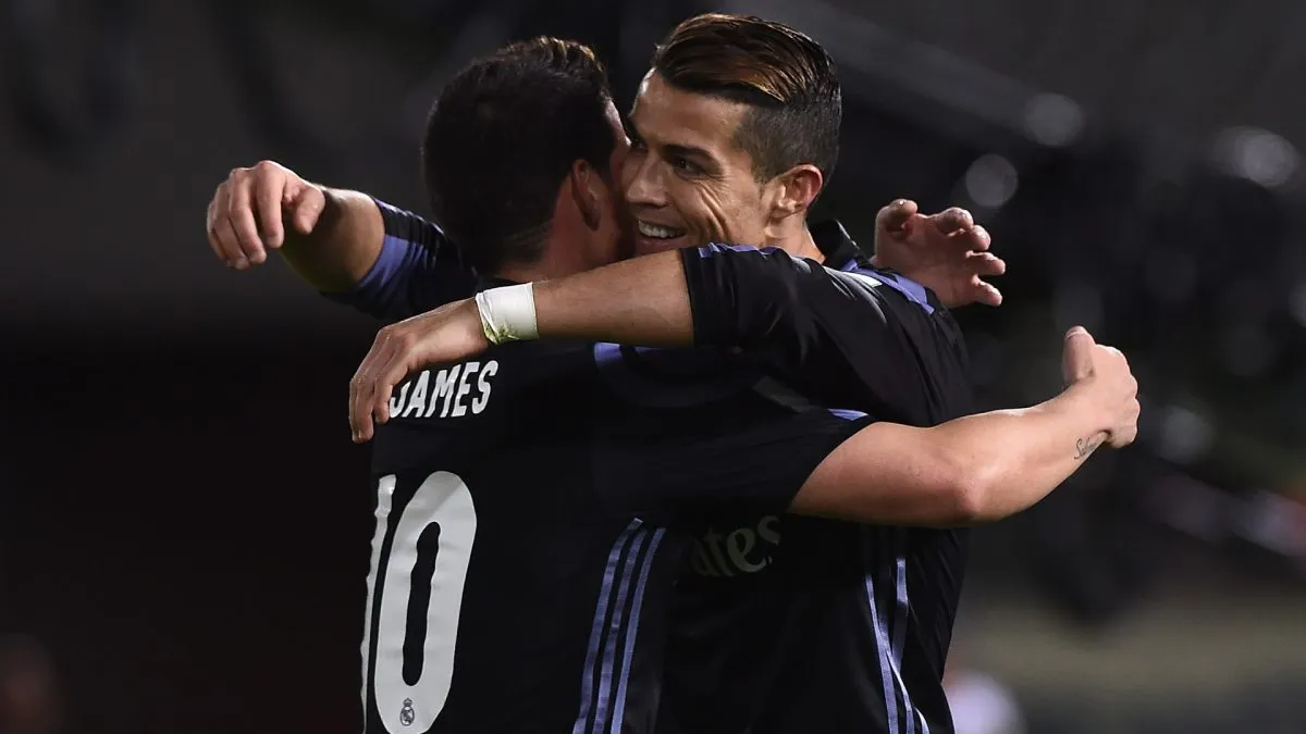 Cristiano Ronaldo of Real Madrid celebrates scoring a goal with James Rodriguez during the FIFA Club World Cup Japan semi-final match between Club America v Real Madrid in 2016. (Source: Matt Roberts/Getty Images)