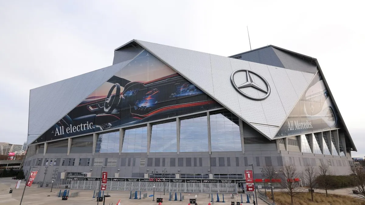 A general view of Mercedes-Benz Stadium after Raheem Morris was introduced as the head coach of the Atlanta Falcons on February 05, 2024. (Source: Kevin C. Cox/Getty Images)
