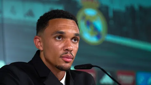 Trent Alexander-Arnold speaks in the press conference during his unveiling as new player of Real Madrid at Valdebebas training ground at Valdebebas training ground on June 12, 2025 in Madrid, Spain.
